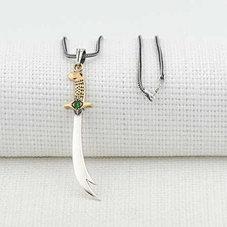 Hz Ali Yazılı Zulfikar Yeşil Taşlı Kalın Zincirli  925 Ayar Gümüş Erkek Kolye