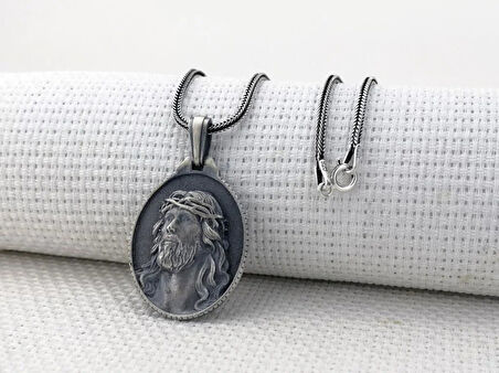 Hz İsa Dikenli Taçlı Üç Boyutlu 925 Ayar Gümüş Erkek Kolye