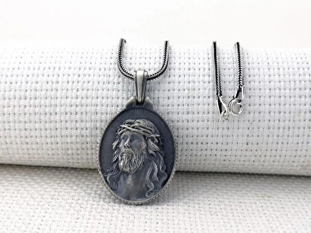 Hz İsa Dikenli Taçlı Üç Boyutlu 925 Ayar Gümüş Erkek Kolye