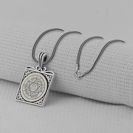 Hz Süleyman Mührü Kare Model 925 Ayar Gümüş Erkek Kolye