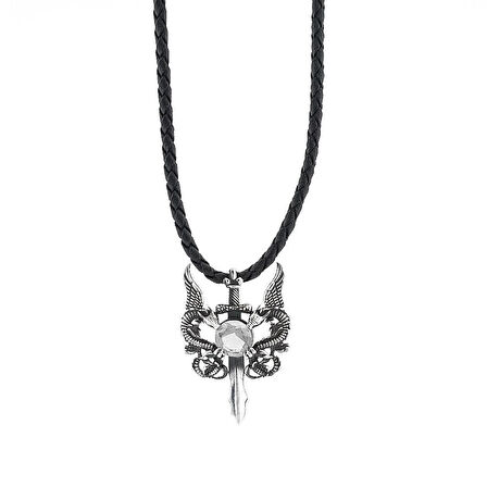 Ejderha Tsarımlı Deri İpli 925 Ayar Gümüş Erkek Kolye