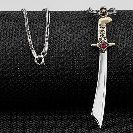 Kırmızı Zirkon Taşlı Mogon Parlak 925 Ayar Gümüş Erkek Kolye