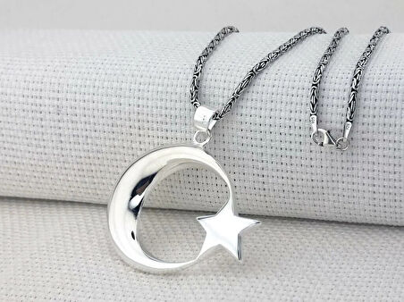 Ay Yıldız Büyük Boy Kral Zincirli 925 Ayar Gümüş Erkek Kolye