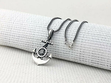 Çapa Dümen Tasarımlı 925 Ayar Gümüş Erkek Kolye