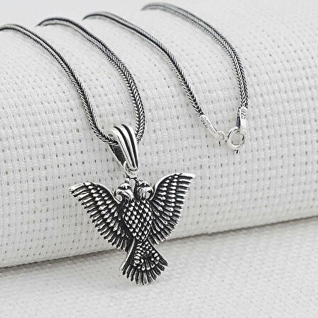 Çift Başlı Kartal  Türk Yazılı 925 Ayar Gümüş Erkek Kolye