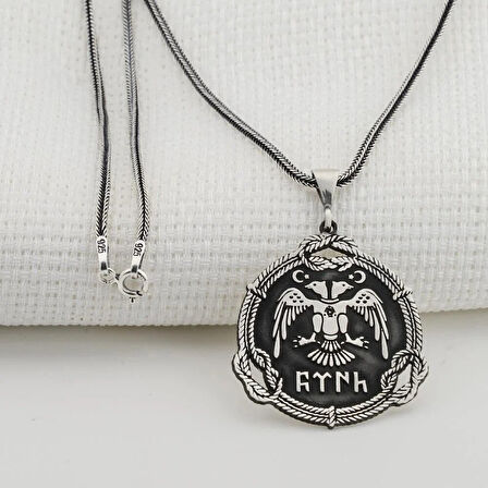 Çift Başlı Kartal  Türk Yazılı 925 Ayar Gümüş Erkek Kolye