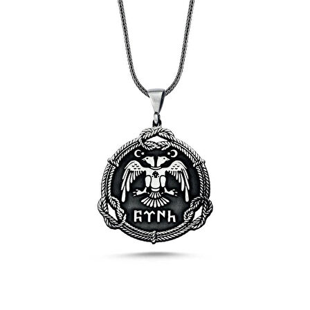 Çift Başlı Kartal  Göktürkçe Yazılı 925 Ayar Gümüş Erkek Kolye