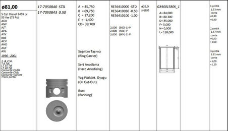 Vag Piston+segman (81,51mm 0,50 3 / 4 / 5 Pistonlar) Lt28 Lt35 Lt46 T4 2,5tdi Acv Agx Ahd Ahy Ajt Anj Ap - Kingpiston 17-7050853