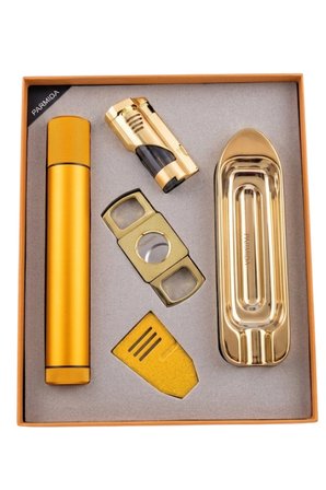 Parmida 3 Torch Çakmak Tüp Sehpa Küllük Kesici Gold Beşli Puro Seti TR9875