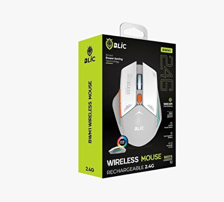 Beyaz RGB Şarjlı Kablosuz 1600DPI Işıklı Kablosuz Mouse Bwm1