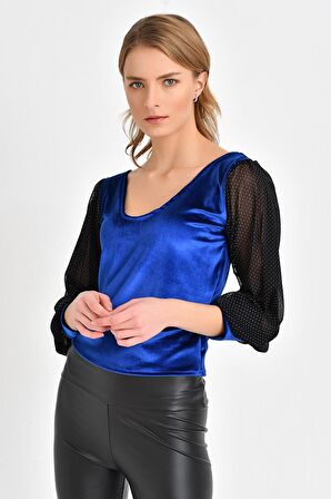 PUANTİYE TÜL KOLLU KADİFE BLUZ 