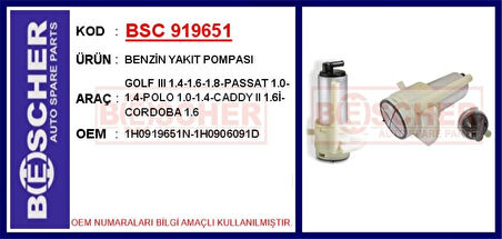 Vag Benzin Yakıt Pompası Golf III 1.4-1.6-1.8-Passat 1.0-1.4-Polo 1.0-1.4-Caddy II 1.6i-Cordoba 1.6 - Bsc 919651