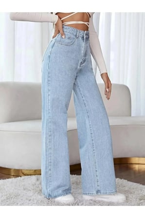 Loli Kar Palazzo Likralı Yüksek Bel Mavi Salaş Jean Pantolon New Sezon-4