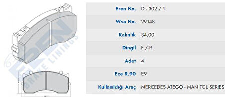 Mercedes Truck Fren Balatası Ön Arka Man Tgl,tgm 12.180 - Sultan Mercedes Atego Y.m (yesil Kutu Otobus İcin) - Eren Yern-D.302/1 M201