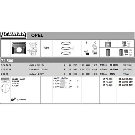 Opel Motor Piston+segman Komple (0,50) 73.00mm Corsa B X12xe Corsa C Astra G Agıla A Z12xe - Yenmak 31-04213-050