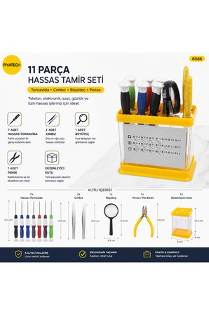 11 Parça Kutulu Hassas Telefon Ve Elektronik Tamir Tornavida Seti Büyüteçli Cımbızlı Kit 8086