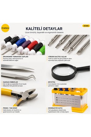 11 Parça Kutulu Hassas Telefon Ve Elektronik Tamir Tornavida Seti Büyüteçli Cımbızlı Kit 8086