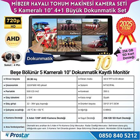 Mibzer için 4+1 Büyük Kameralı 10.36 inç Dokunmatik Monitör Beşe Bölen Kayıtlı 256 Gb Sd Kart Destekli