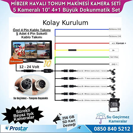 Mibzer için 4+1 Büyük Kameralı 10.36 inç Dokunmatik Monitör Beşe Bölen Kayıtlı 256 Gb Sd Kart Destekli