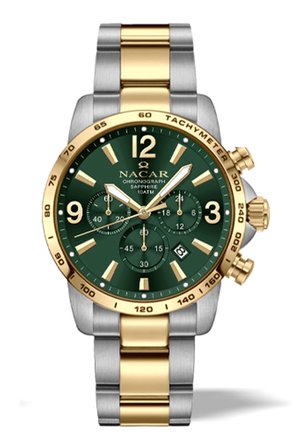 NACAR SAFİR CAM SPOR GÜMÜŞ - ALTIN - YEŞİL ERKEK KOL SAATİ NC08-29420706-CNCM