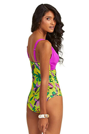 ÖZEL TASARIM  BÜYÜK BEDEN YEŞIL ÇIÇEK DESENLI DRAPELI MAYO