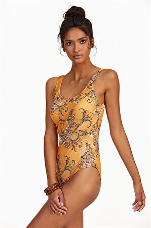 ÖZEL TASARIM  ŞAL DESENLI YUVARLAK YAKA MAYO