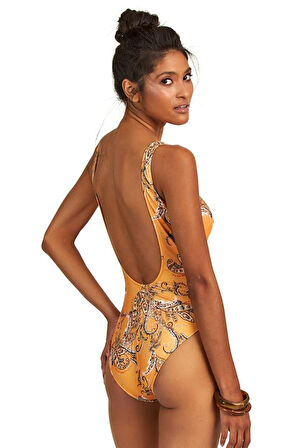 ÖZEL TASARIM  ŞAL DESENLI YUVARLAK YAKA MAYO