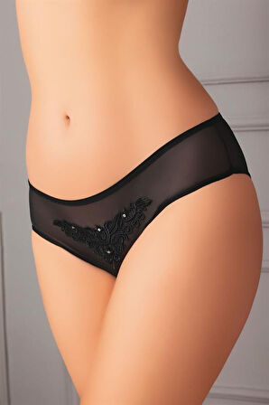 ÖZEL TASARIM  GÜPÜRLÜ TAŞLI SIYAH TÜL FANTEZI KÜLOT