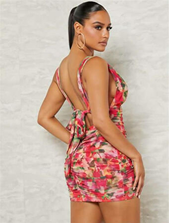 ÖZEL TASARIM  ÇIÇEK DESENLI BÜZGÜLÜ ARKADAN BAĞLAMALI FANTEZI ELBISE