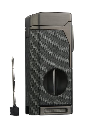 Quantoro Dört Torch Pürmüz V-Kesici/Delicili Siyah Karbon Desenli Metal Puro Çakmağı - TRZ1137
