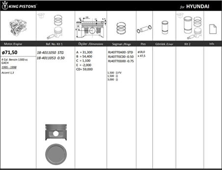 Hyundaı Motor Piston+segmanı ( Riken )  71,50+stdmm Cap Accent 1,3 G4eh 4 Sil. Benzinli 1300 CC 95-98 - Kingpiston 18-4011050
