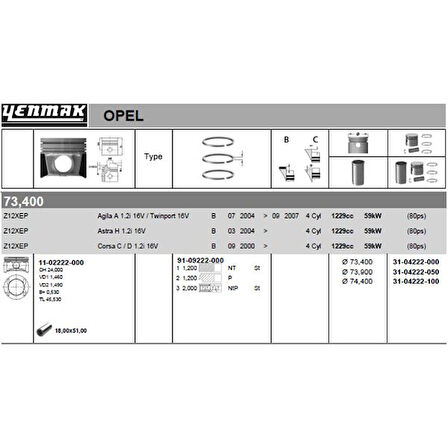 Opel Motor Piston+segman Komple 100 (74,40mm) Corsa C – Corsa D – Astra H – Agıla A – Z12xep - Yenmak 31-04222-100
