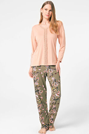 Anıl 9843 Uzun Kol V Yaka Viskon Çiçek Desenli Kışlık Örme Normal Bel Dantel Detaylı Pijama Takımı MAN9843