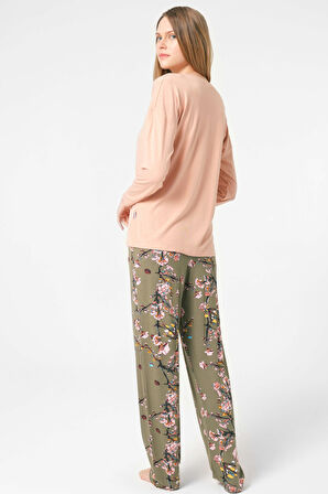 Anıl 9843 Uzun Kol V Yaka Viskon Çiçek Desenli Kışlık Örme Normal Bel Dantel Detaylı Pijama Takımı MAN9843