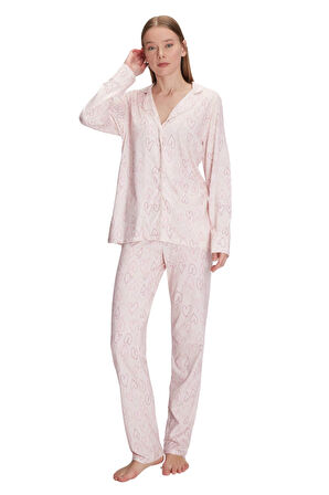 Anıl Kadın Pembe Boydan Düğmeli Pijama Takımı 11291 