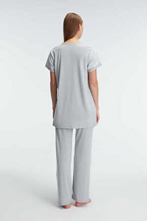 Anıl 11308 Kısa Kol V Yaka Kadın Polyester Elastan  Yazlık Örme Dantel Detaylı Hamile Pijama Takımı MAN11308