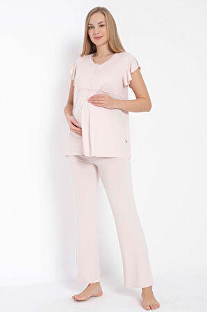 Anıl 11314 Kısa Kol Bisiklet Yaka Kadın Viskon Dantel Detaylı Hamile Pijama Takımı Sabahlık MAN11314