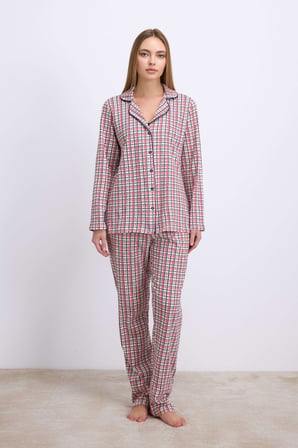 Anıl Kadın Pamuklu Uzun Kol Düğmeli Gömlek ve Ekose Pantolon Pijama Takımı Zamansız Şıklık 11627