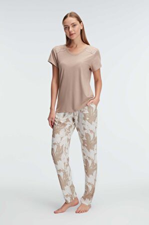 Anıl 9941 Kısa Kol Bisiklet Yaka Kadın Viskon Çiçek Desenli Yazlık Örme Dantel Detaylı Pijama Takımı