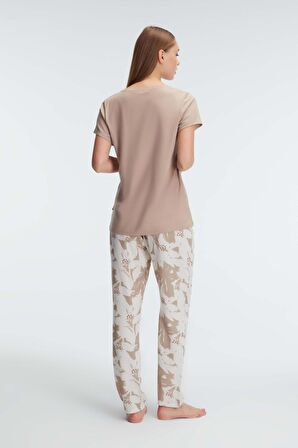 Anıl 9941 Kısa Kol Bisiklet Yaka Kadın Viskon Çiçek Desenli Yazlık Örme Dantel Detaylı Pijama Takımı