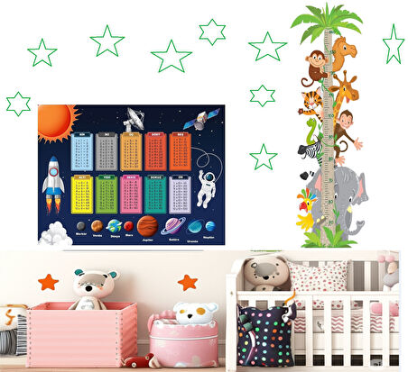 İkili Set Kendinden Yapışkanlı Şeffaf  Sevimli Safari Boy Ölçer + Gezegenler Temalı Çarpım Tablosu Poster Çocuk Odası 
