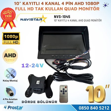 Kayıtlı 10 inç 4 Kanal Full HD Tak Kullan Quad AHD Analog Uyumlu Araç Monitörü 12-24V