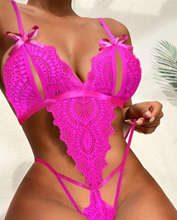 ÖZEL TASARIM  FIYONKLU DANTELLI FUŞYA FANTEZI BODY