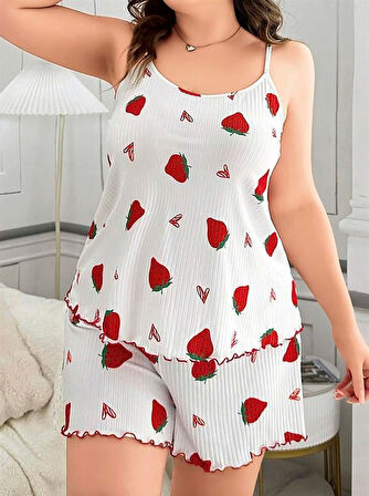 ÖZEL TASARIM  BÜYÜK BEDEN ÇILEK DESEN PAMUKLU ŞORTLU PIJAMA TAKIMI