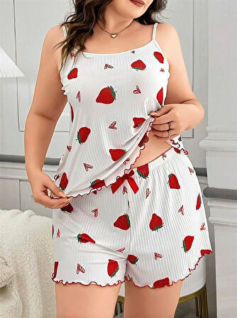 ÖZEL TASARIM  BÜYÜK BEDEN ÇILEK DESEN PAMUKLU ŞORTLU PIJAMA TAKIMI