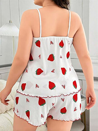 ÖZEL TASARIM  BÜYÜK BEDEN ÇILEK DESEN PAMUKLU ŞORTLU PIJAMA TAKIMI