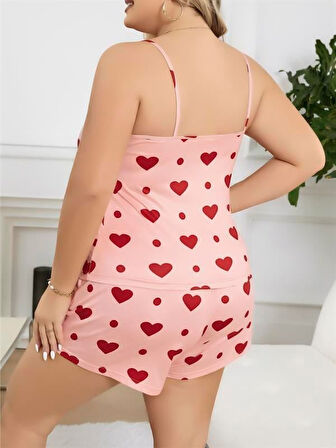 ÖZEL TASARIM  BÜYÜK BEDEN PEMBE KALP DESEN PAMUKLU ŞORTLU PIJAMA TAKIMI