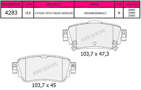 Nissan Arka Fren Balatası Qashqaı 2013> Renault Kadjar 2015> - Beser 4283