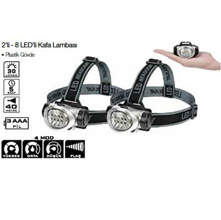 Lightorch LT03100 Kafa Lambası 8 Led 30 Lümen (2'li Paket)