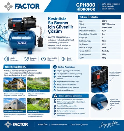 Factor GPH800 Hidrofor 800 W – 19 L Tanklı, 40 Metre Basma Yüksekliği
